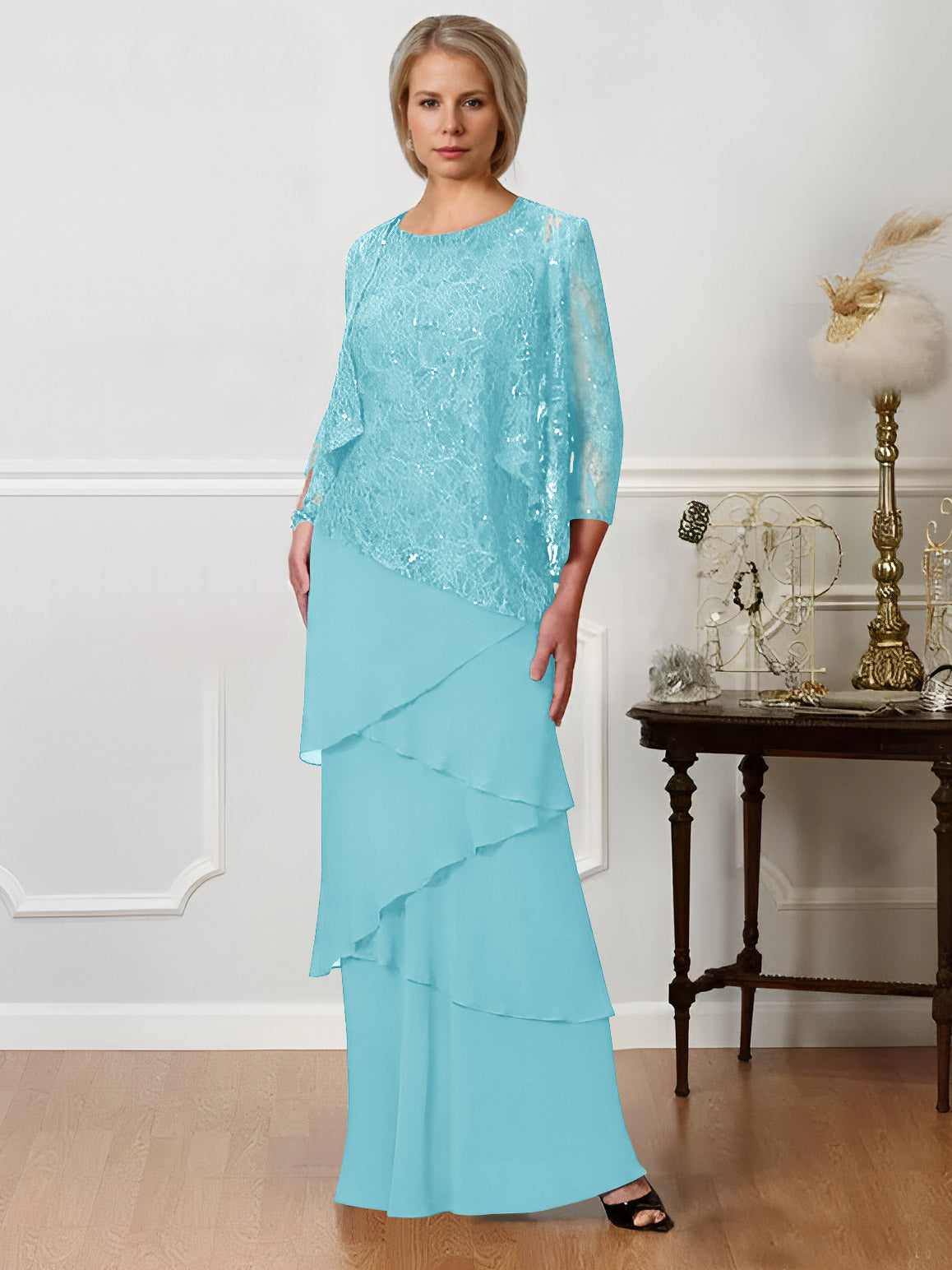 Long A Line Mother of the Bride Dresses with Jewel Neck