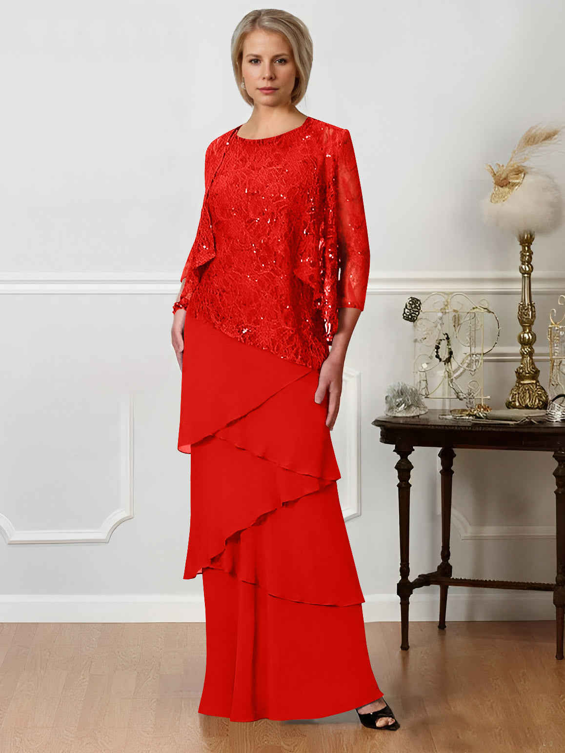 Long A Line Mother of the Bride Dresses with Jewel Neck
