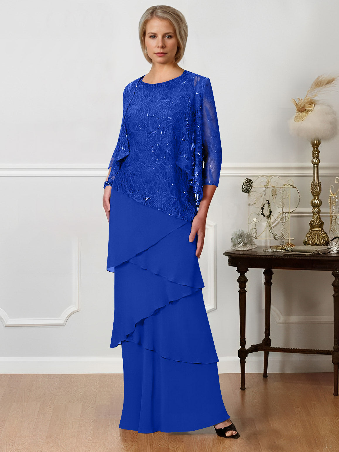 Long A Line Mother of the Bride Dresses with Jewel Neck