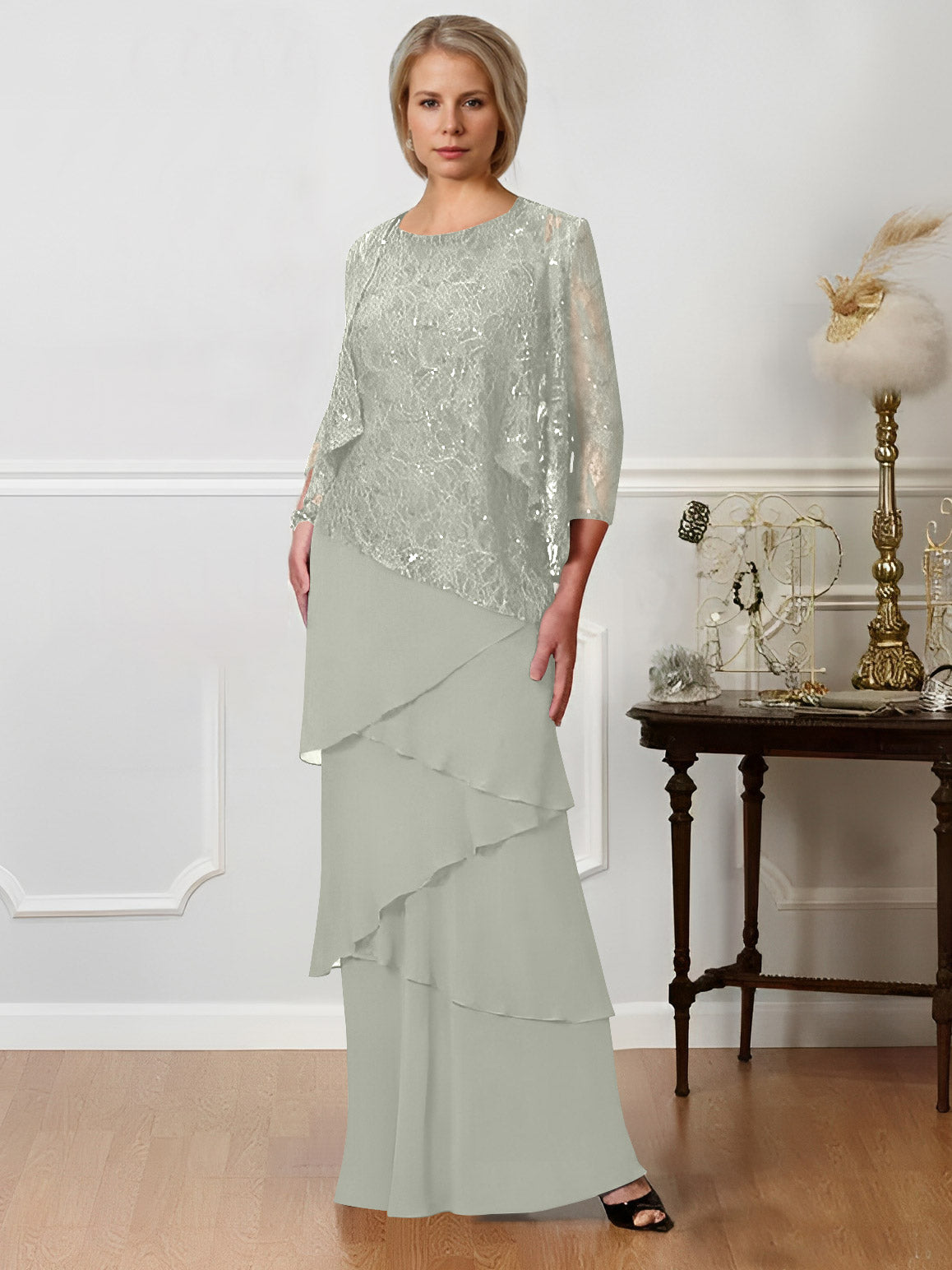 Long A Line Mother of the Bride Dresses with Jewel Neck