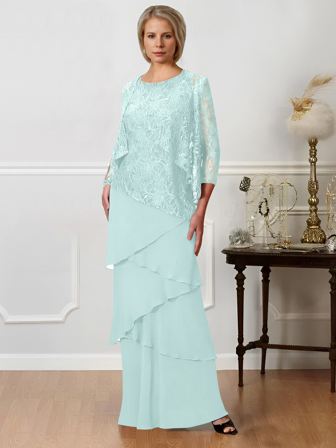 Long A Line Mother of the Bride Dresses with Jewel Neck