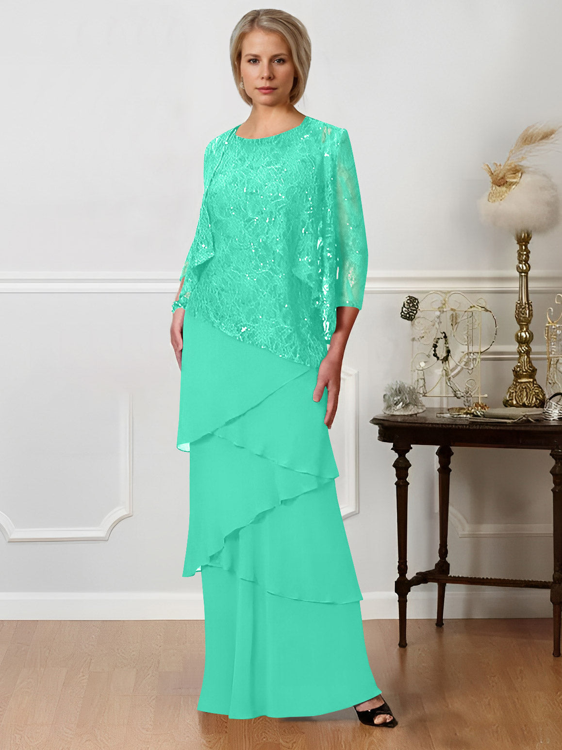 Long A Line Mother of the Bride Dresses with Jewel Neck