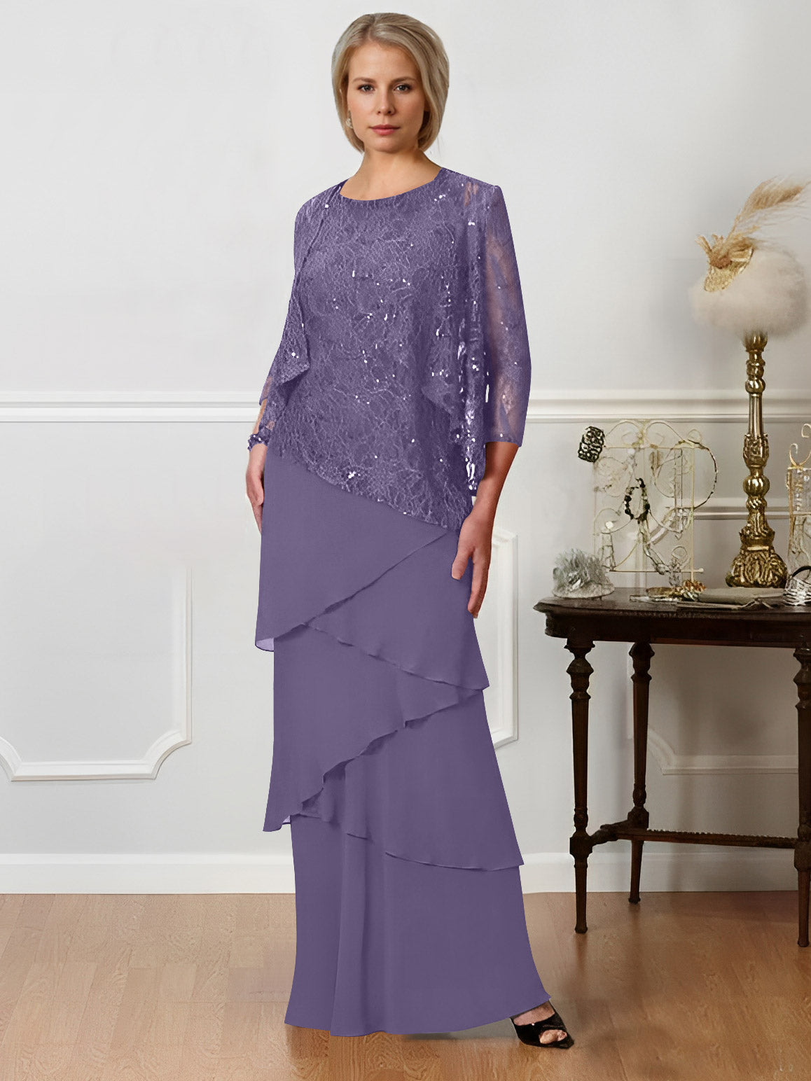 Long A Line Mother of the Bride Dresses with Jewel Neck