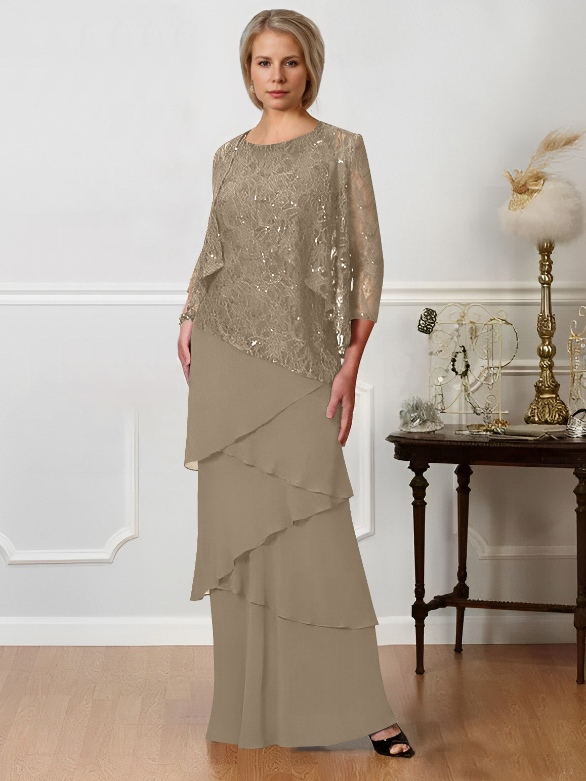 Long A Line Mother of the Bride Dresses with Jewel Neck