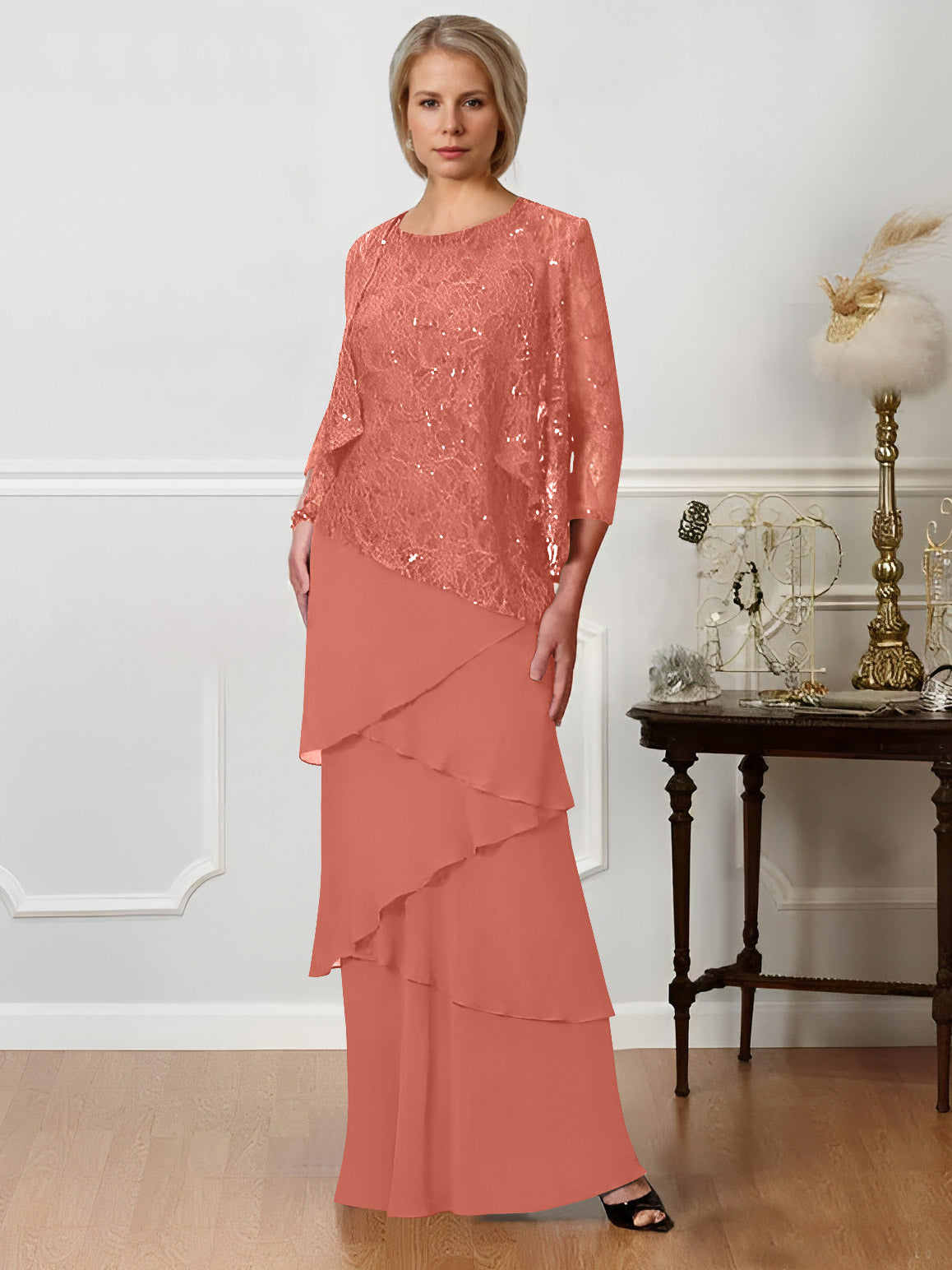 Long A Line Mother of the Bride Dresses with Jewel Neck