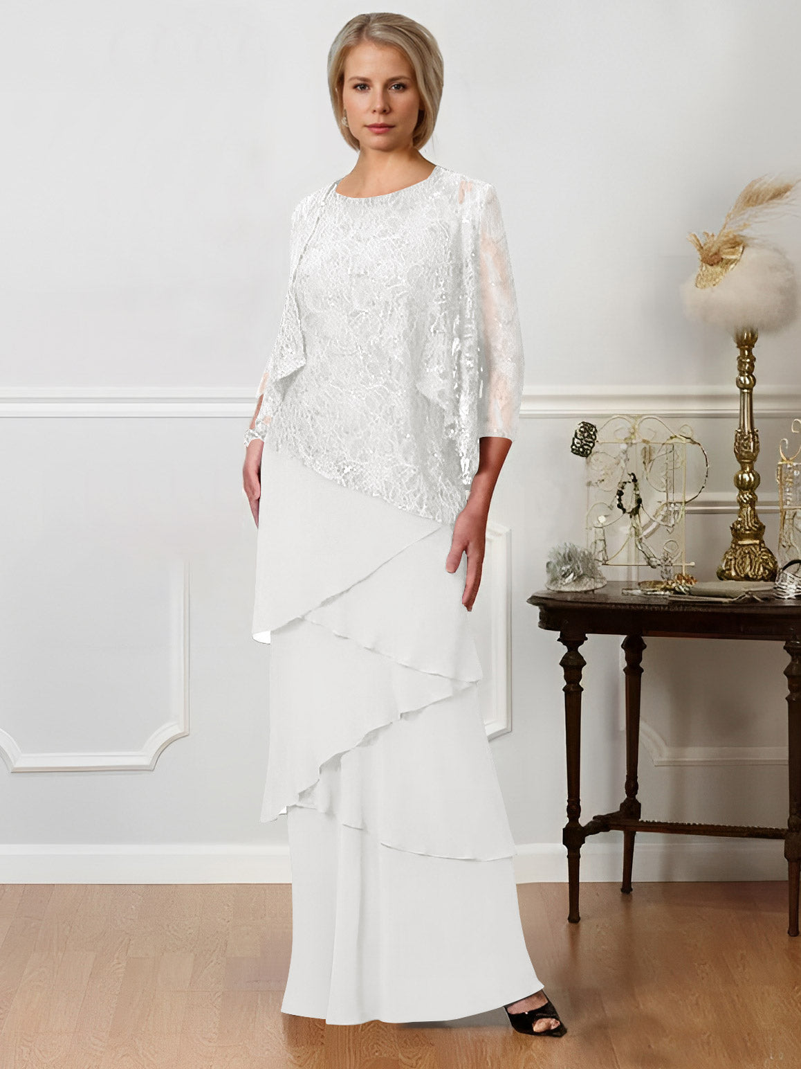 Long A Line Mother of the Bride Dresses with Jewel Neck
