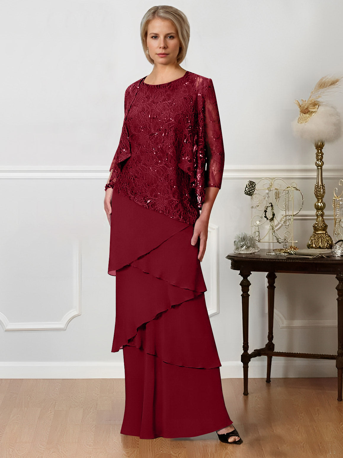 Long A Line Mother of the Bride Dresses with Jewel Neck
