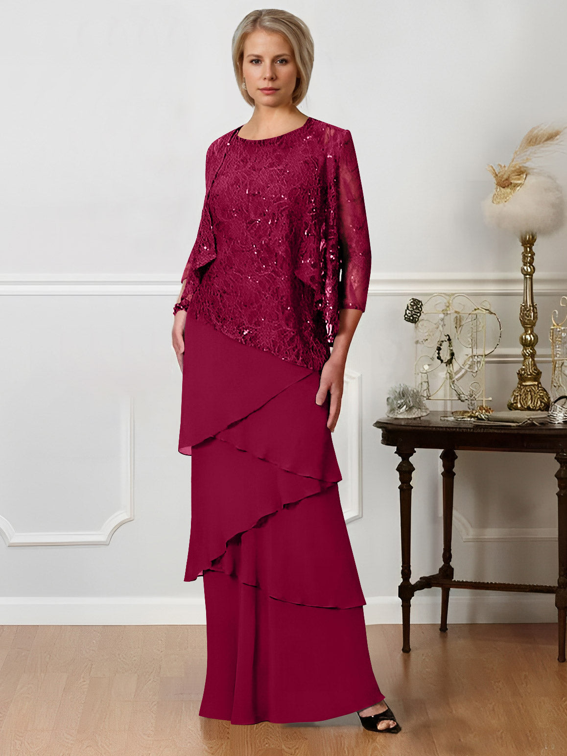 Long A Line Mother of the Bride Dresses with Jewel Neck