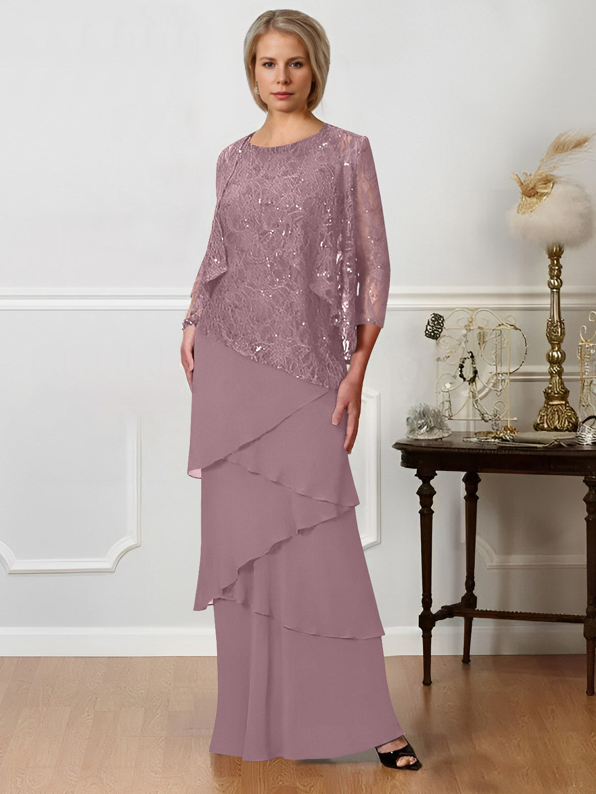 Long A Line Mother of the Bride Dresses with Jewel Neck
