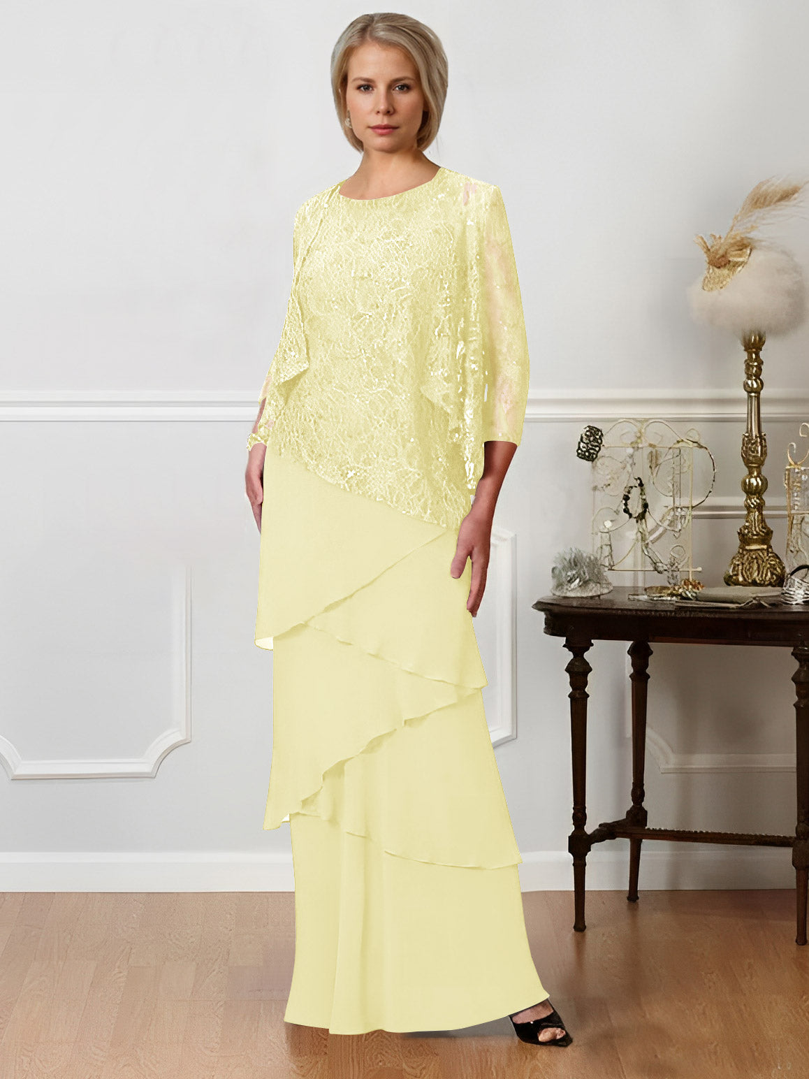 Long A Line Mother of the Bride Dresses with Jewel Neck