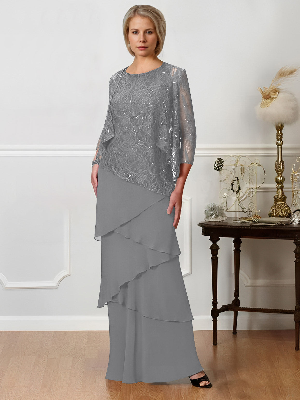 Long A Line Mother of the Bride Dresses with Jewel Neck