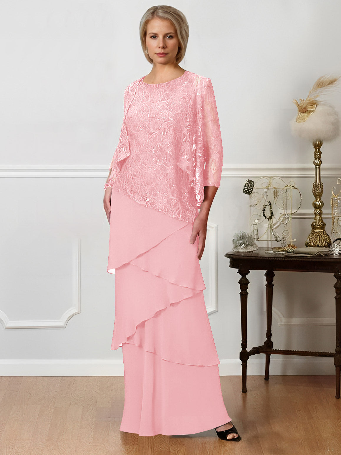 Long A Line Mother of the Bride Dresses with Jewel Neck