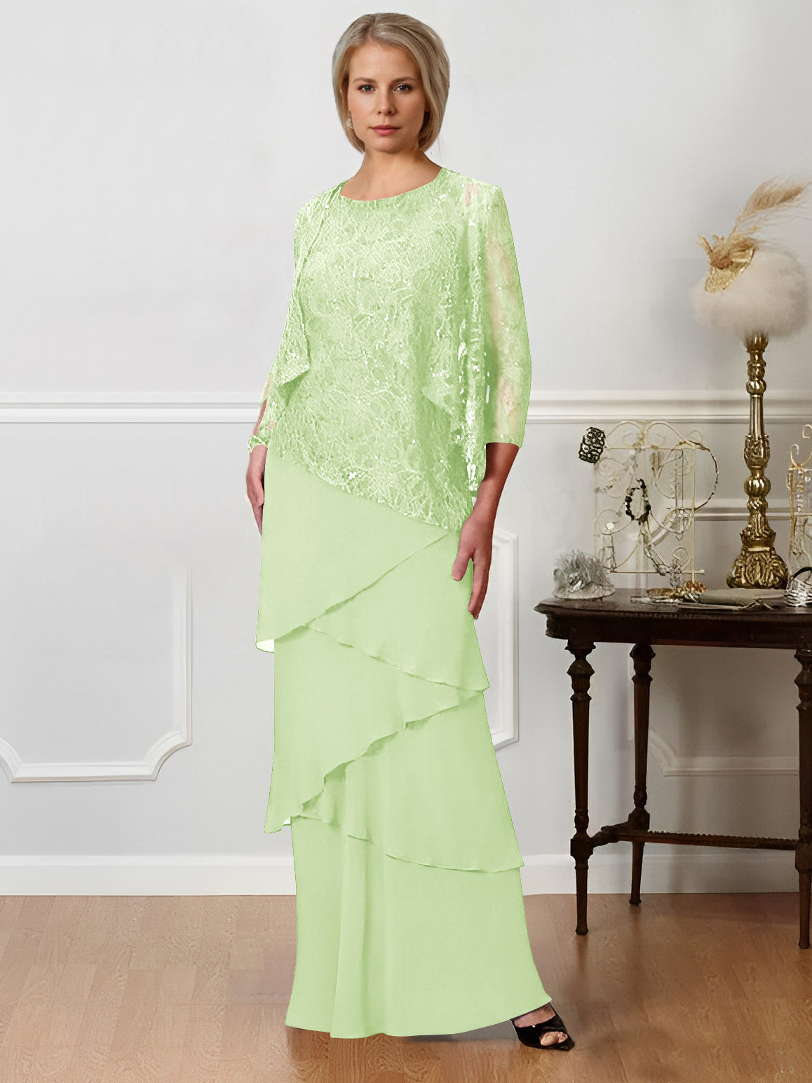 Long A Line Mother of the Bride Dresses with Jewel Neck