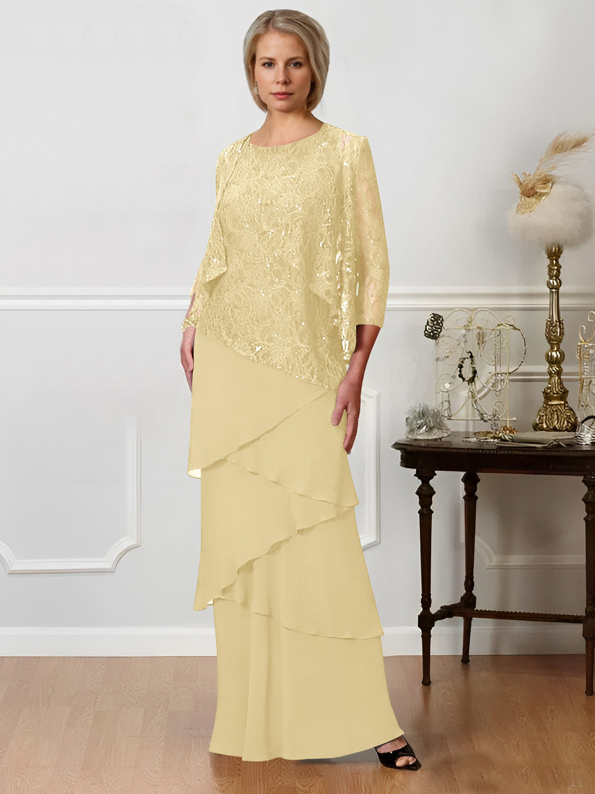 Long A Line Mother of the Bride Dresses with Jewel Neck