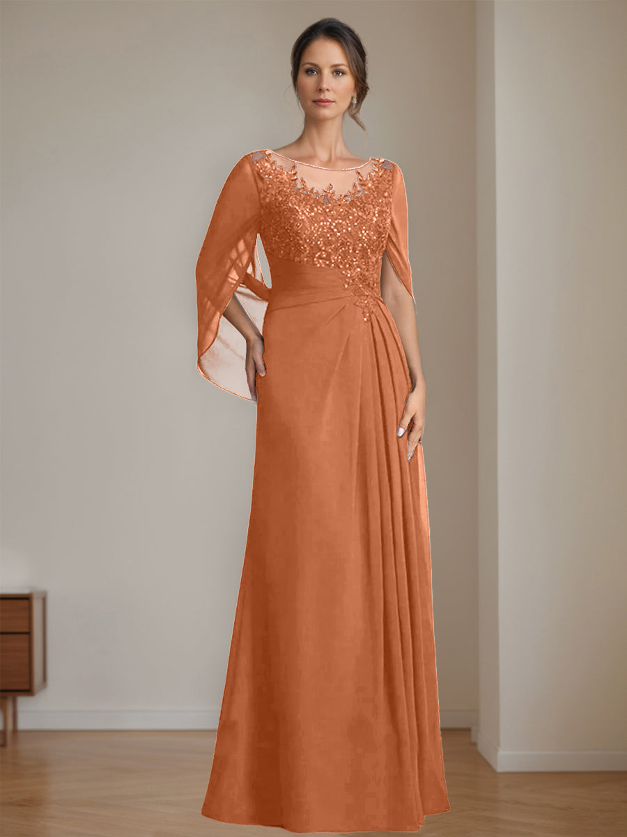 Long A Line Mother of the Bride Dresses with Scoop Neckline Pleated & Sequins