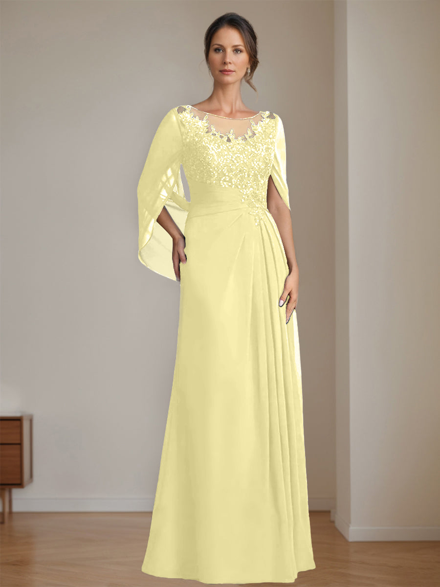 Long A Line Mother of the Bride Dresses with Scoop Neckline Pleated & Sequins