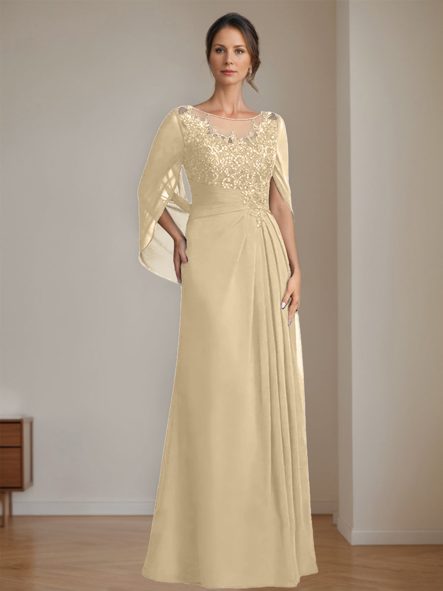 Long A Line Mother of the Bride Dresses with Scoop Neckline Pleated & Sequins