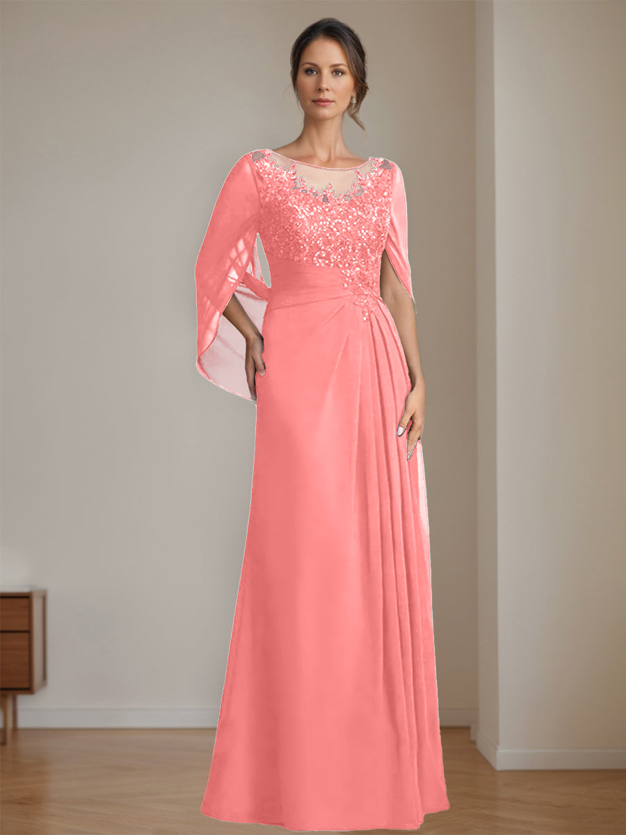 Long A Line Mother of the Bride Dresses with Scoop Neckline Pleated & Sequins