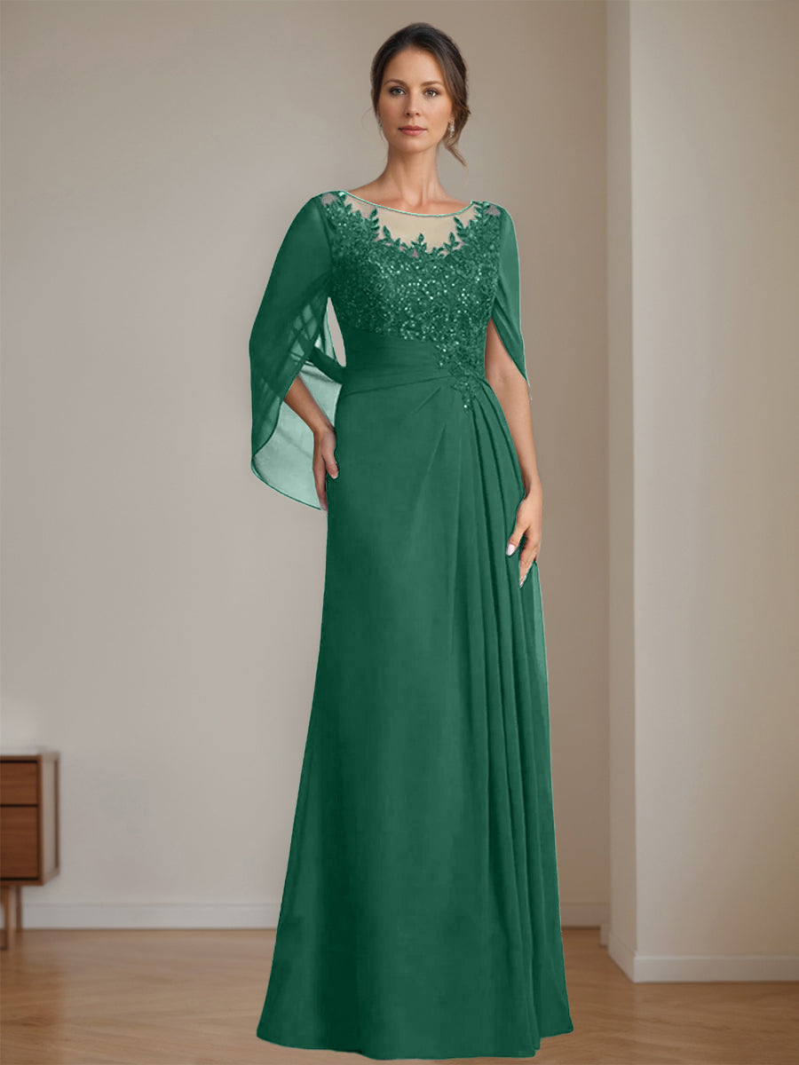 Long A Line Mother of the Bride Dresses with Scoop Neckline Pleated & Sequins