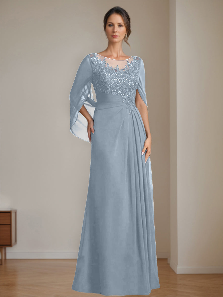 Long A Line Mother of the Bride Dresses with Scoop Neckline Pleated & Sequins