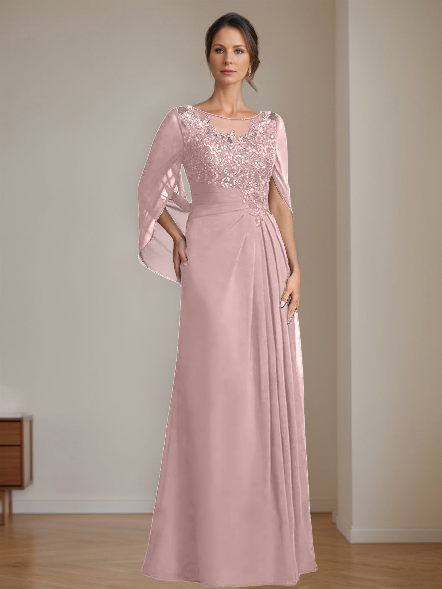 Long A Line Mother of the Bride Dresses with Scoop Neckline Pleated & Sequins
