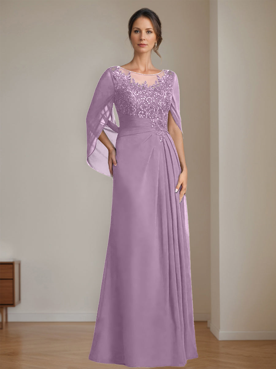 Long A Line Mother of the Bride Dresses with Scoop Neckline Pleated & Sequins