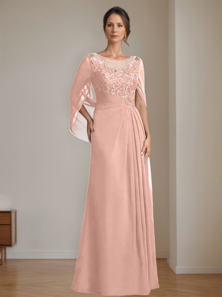 Long A Line Mother of the Bride Dresses with Scoop Neckline Pleated & Sequins