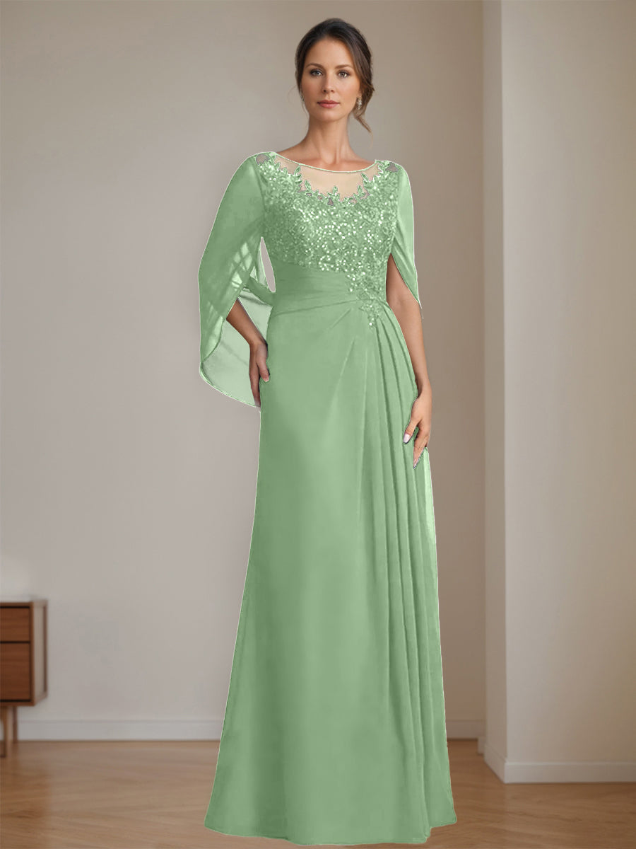 Long A Line Mother of the Bride Dresses with Scoop Neckline Pleated & Sequins