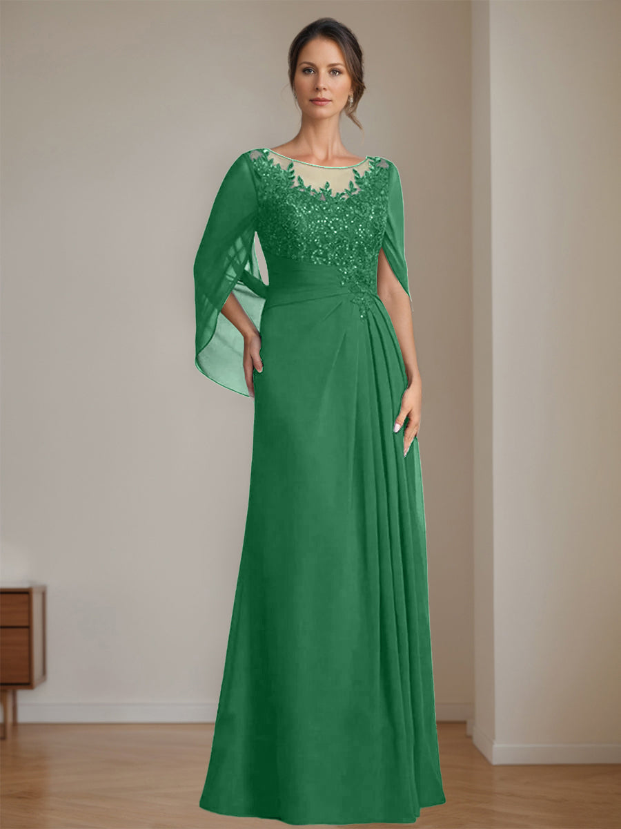 Long A Line Mother of the Bride Dresses with Scoop Neckline Pleated & Sequins