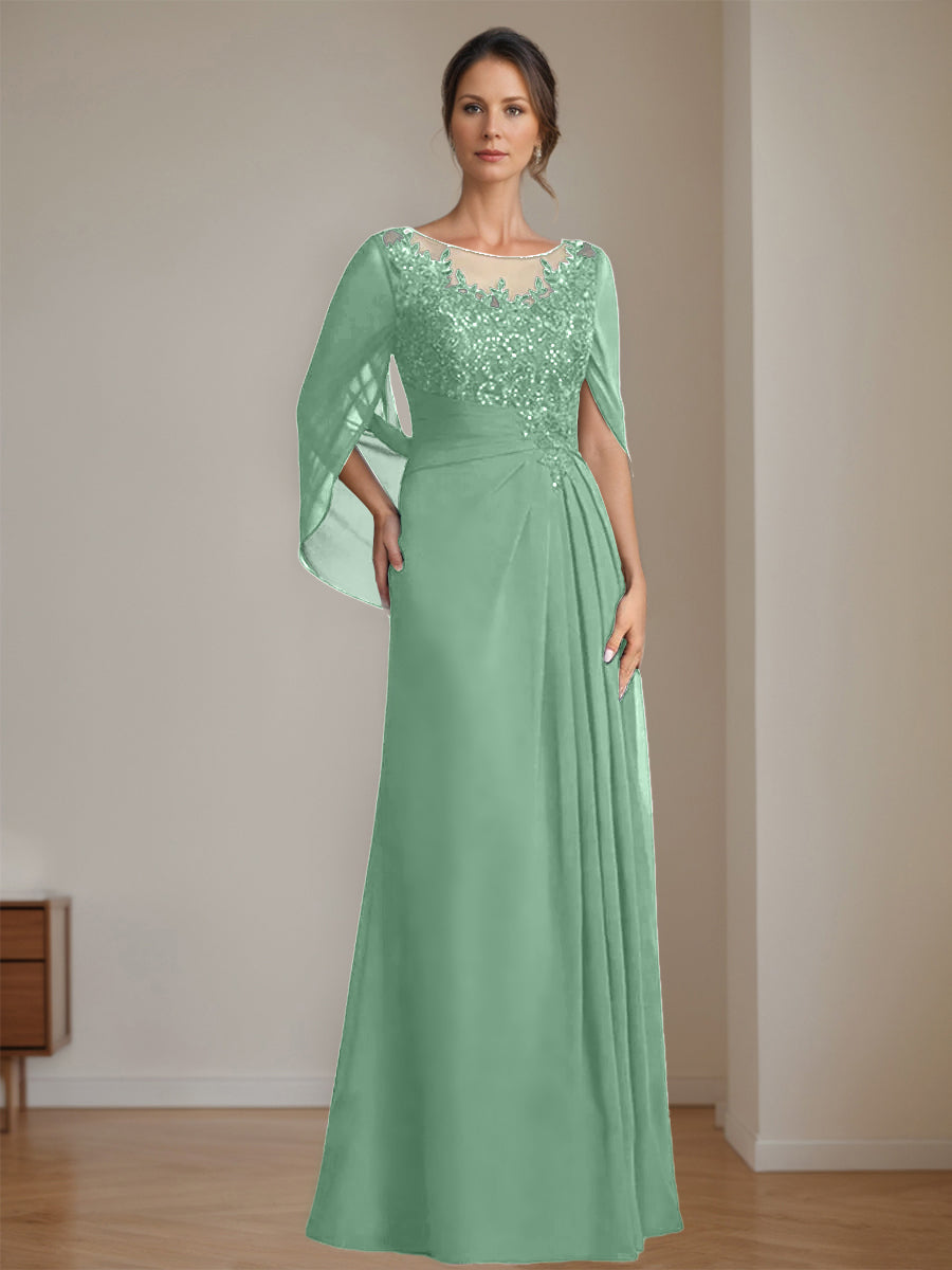 Long A Line Mother of the Bride Dresses with Scoop Neckline Pleated & Sequins