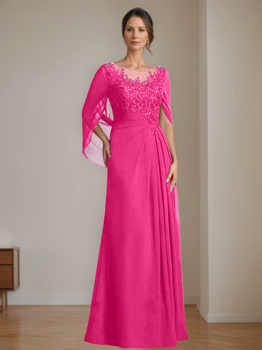 Long A Line Mother of the Bride Dresses with Scoop Neckline Pleated & Sequins