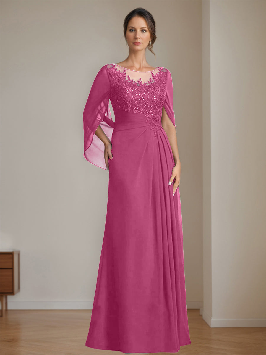 Long A Line Mother of the Bride Dresses with Scoop Neckline Pleated & Sequins