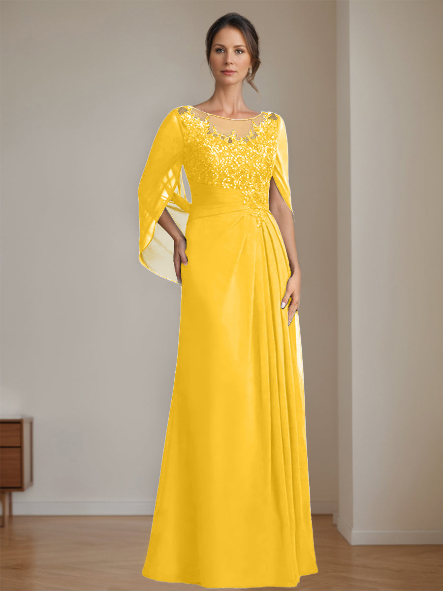 Long A Line Mother of the Bride Dresses with Scoop Neckline Pleated & Sequins