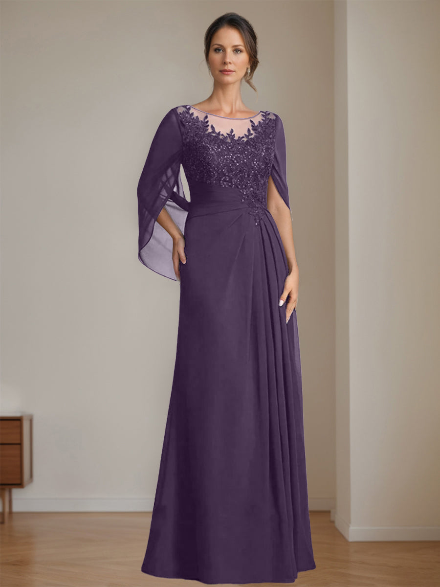 Long A Line Mother of the Bride Dresses with Scoop Neckline Pleated & Sequins