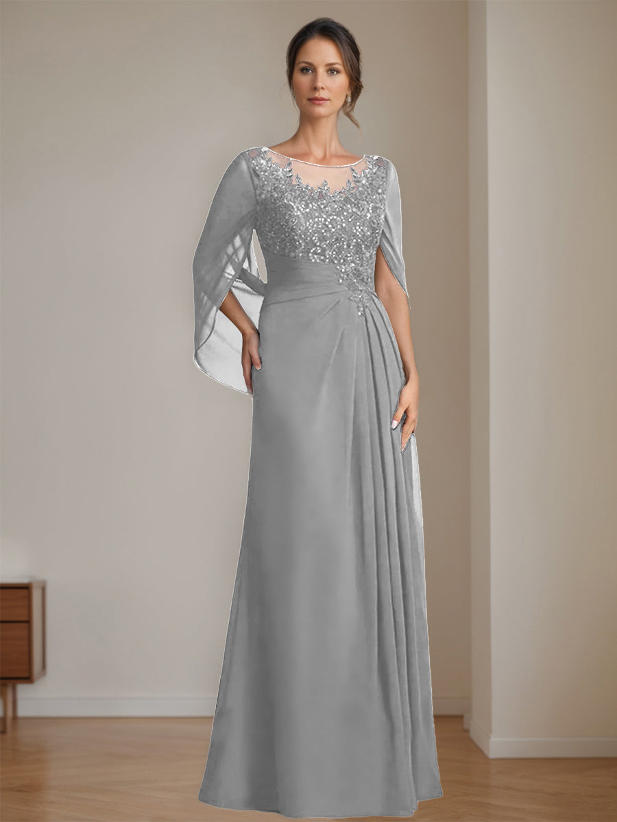 Long A Line Mother of the Bride Dresses with Scoop Neckline Pleated & Sequins