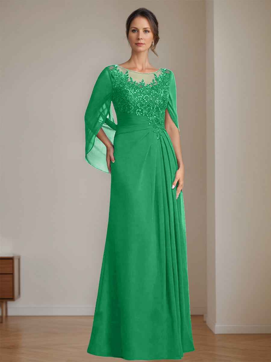 Long A Line Mother of the Bride Dresses with Scoop Neckline Pleated & Sequins