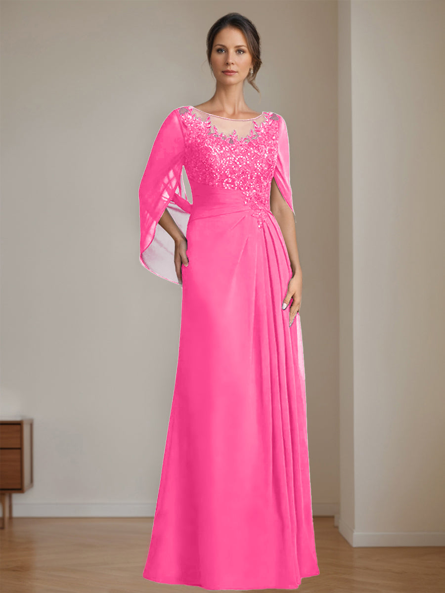 Long A Line Mother of the Bride Dresses with Scoop Neckline Pleated & Sequins