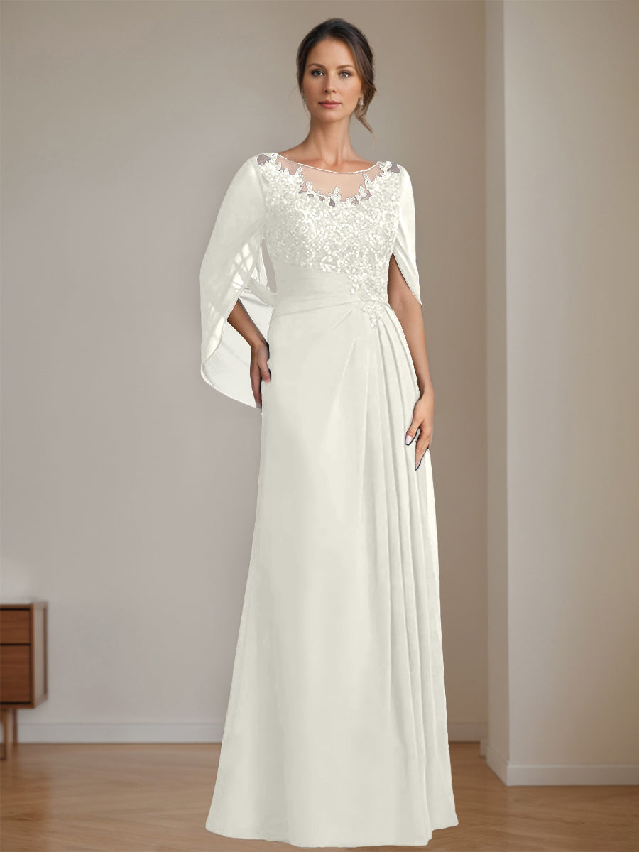 Long A Line Mother of the Bride Dresses with Scoop Neckline Pleated & Sequins