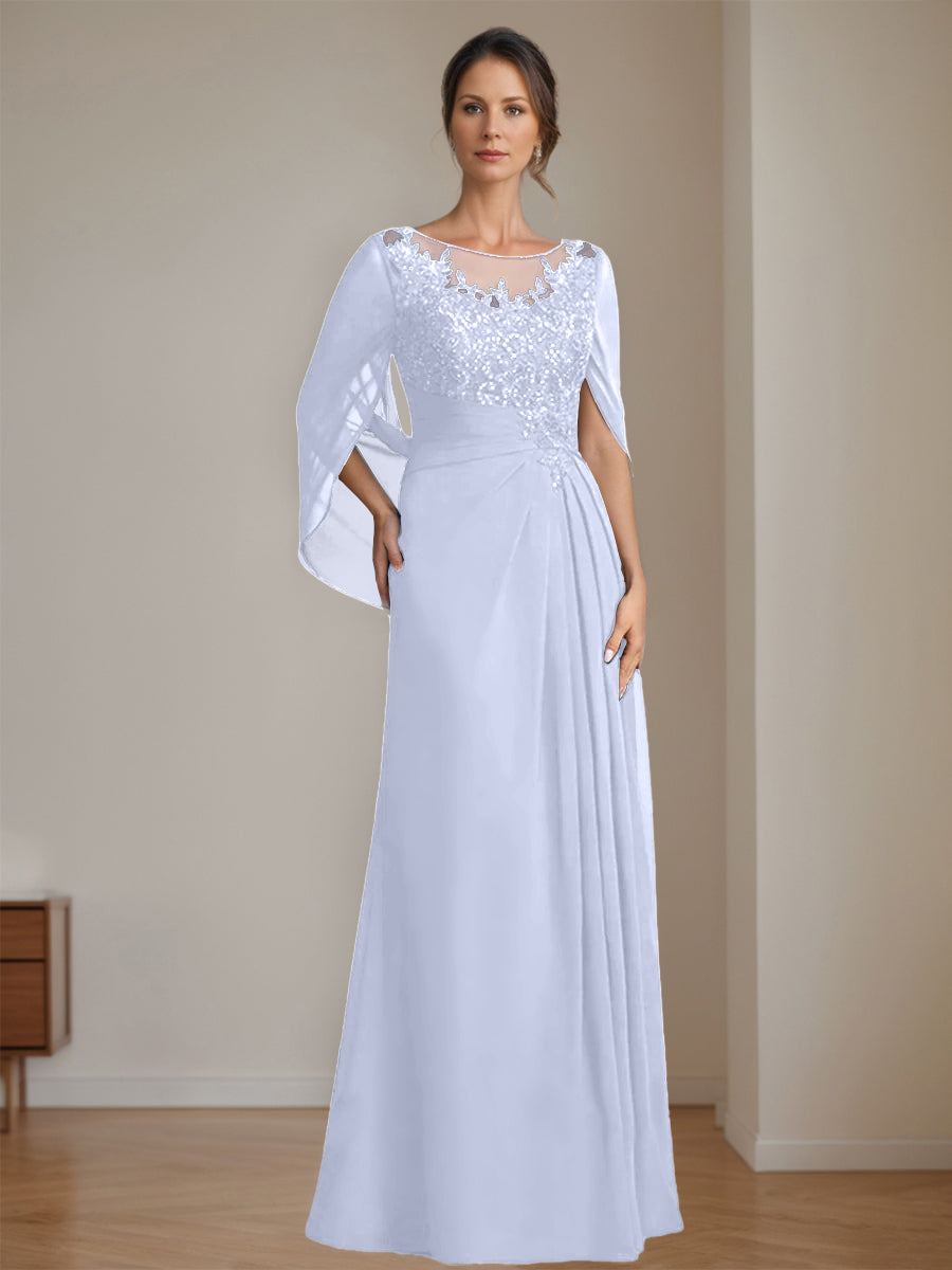 Long A Line Mother of the Bride Dresses with Scoop Neckline Pleated & Sequins