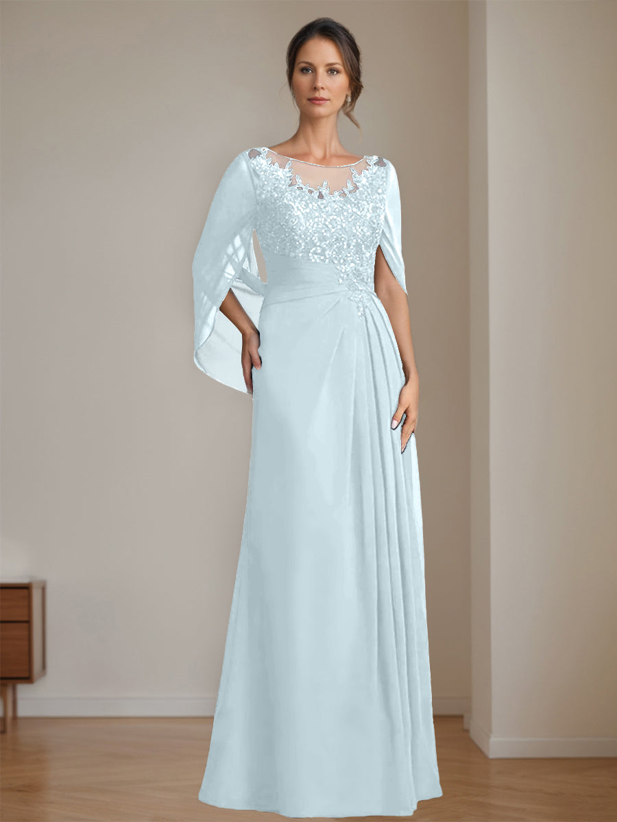 Long A Line Mother of the Bride Dresses with Scoop Neckline Pleated & Sequins