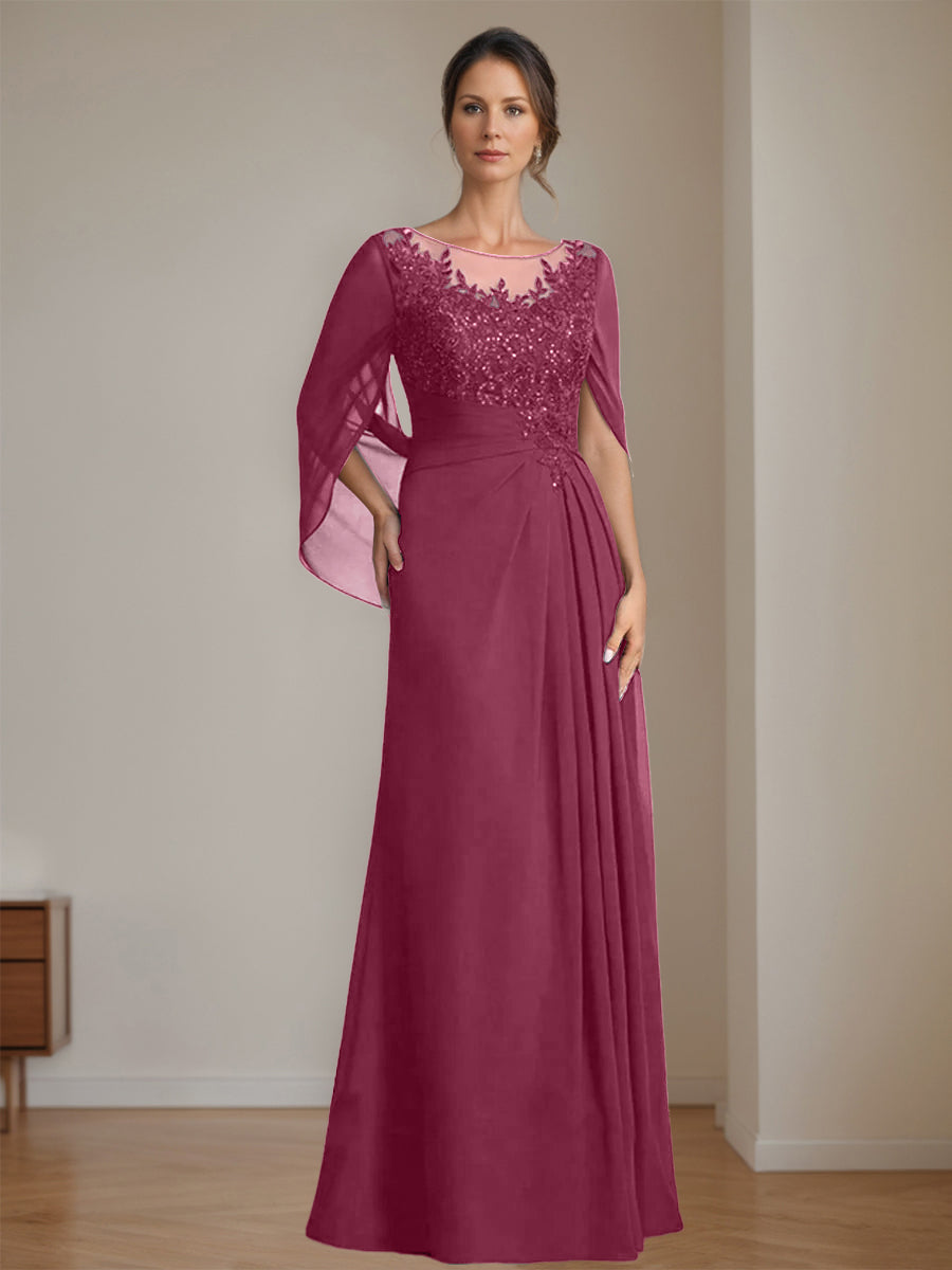 Long A Line Mother of the Bride Dresses with Scoop Neckline Pleated & Sequins