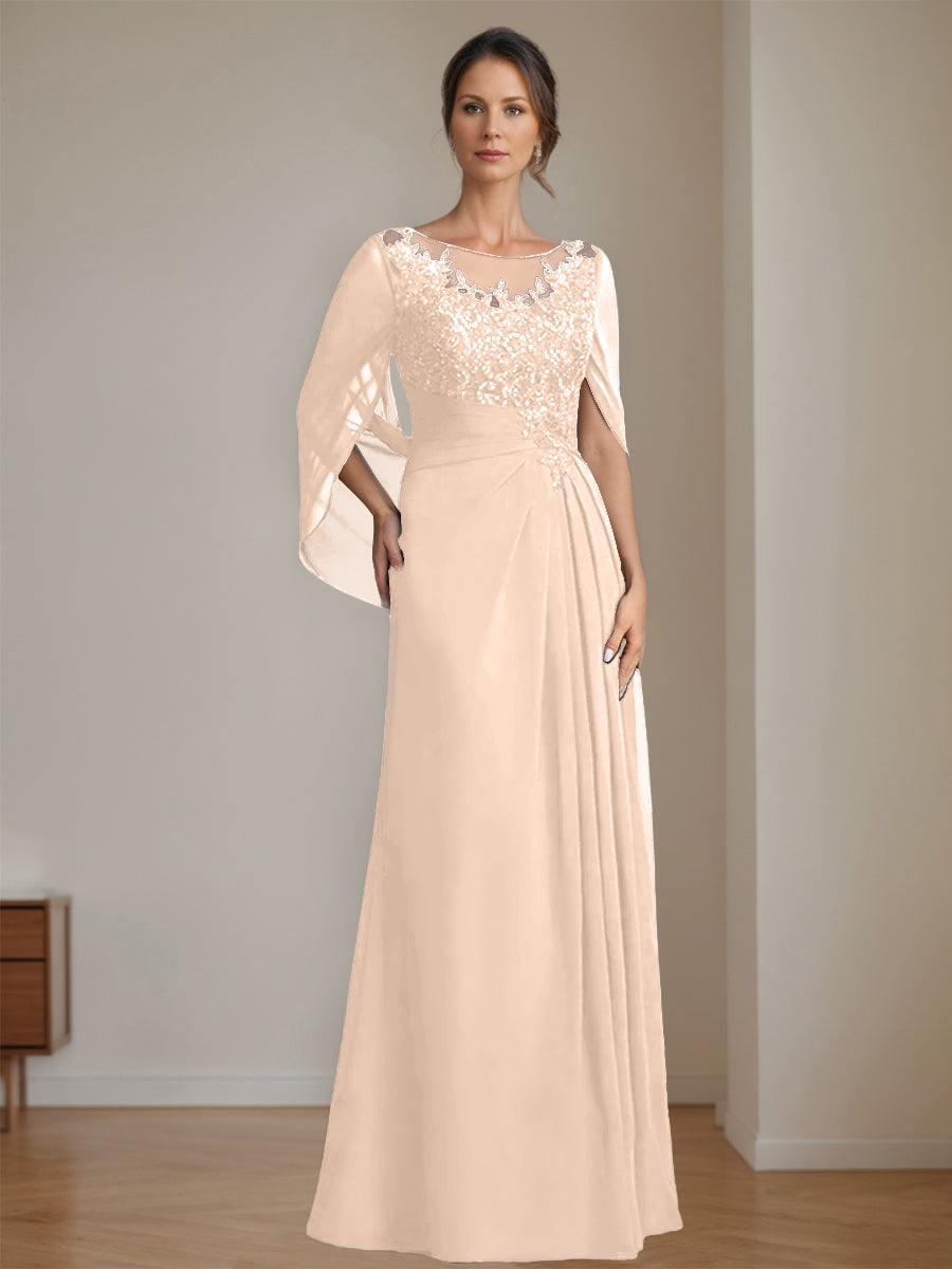 Long A Line Mother of the Bride Dresses with Scoop Neckline Pleated & Sequins