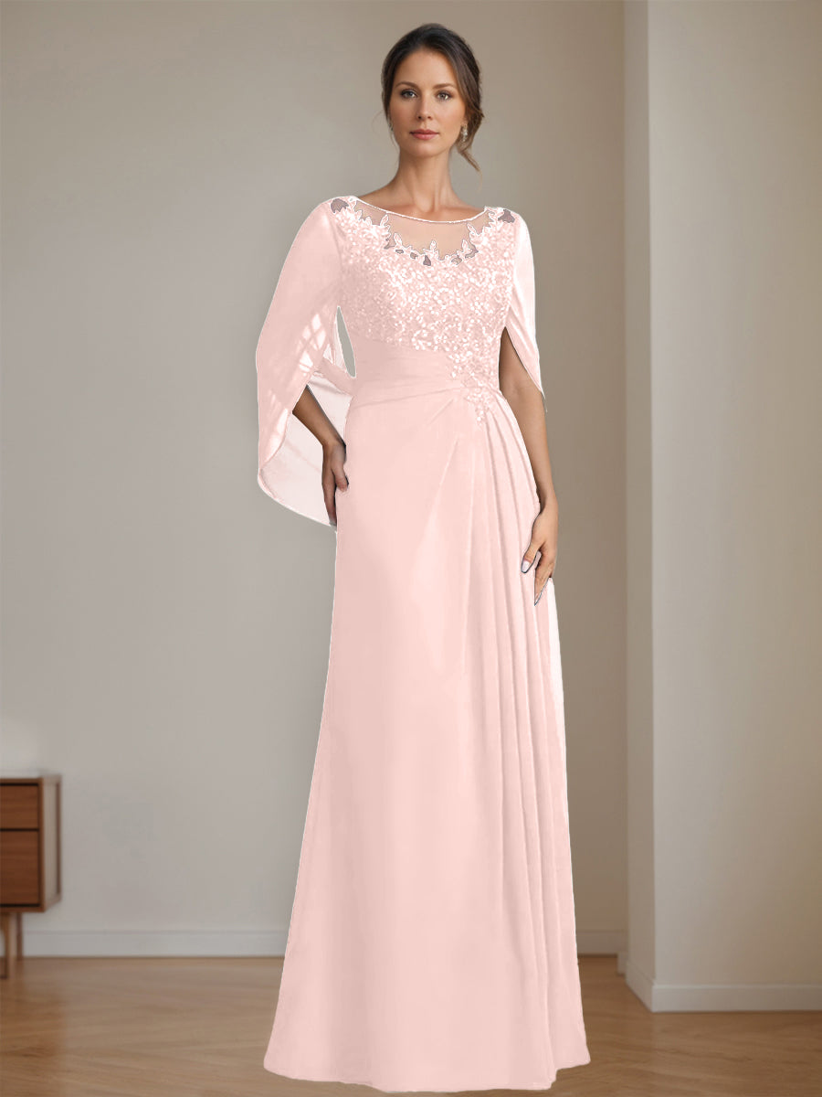 Long A Line Mother of the Bride Dresses with Scoop Neckline Pleated & Sequins