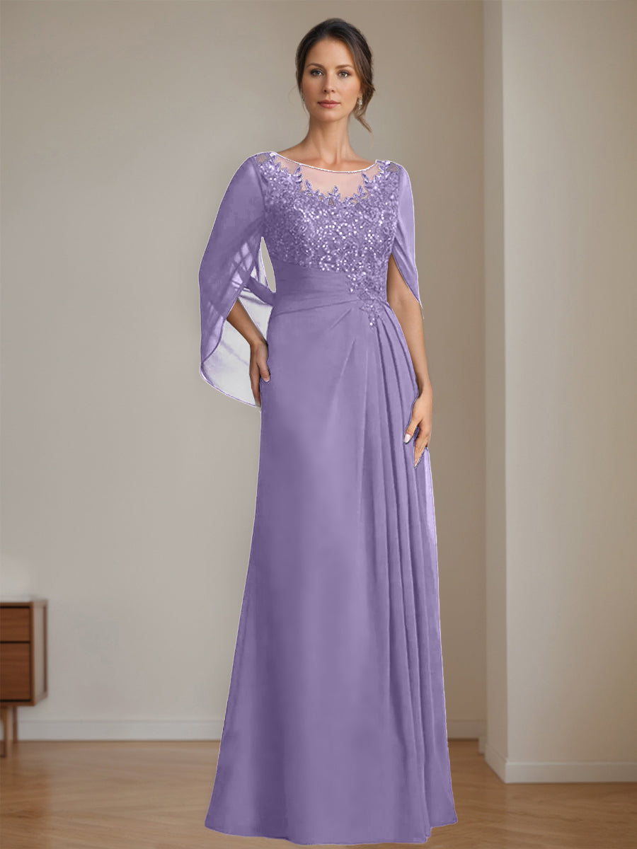 Long A Line Mother of the Bride Dresses with Scoop Neckline Pleated & Sequins