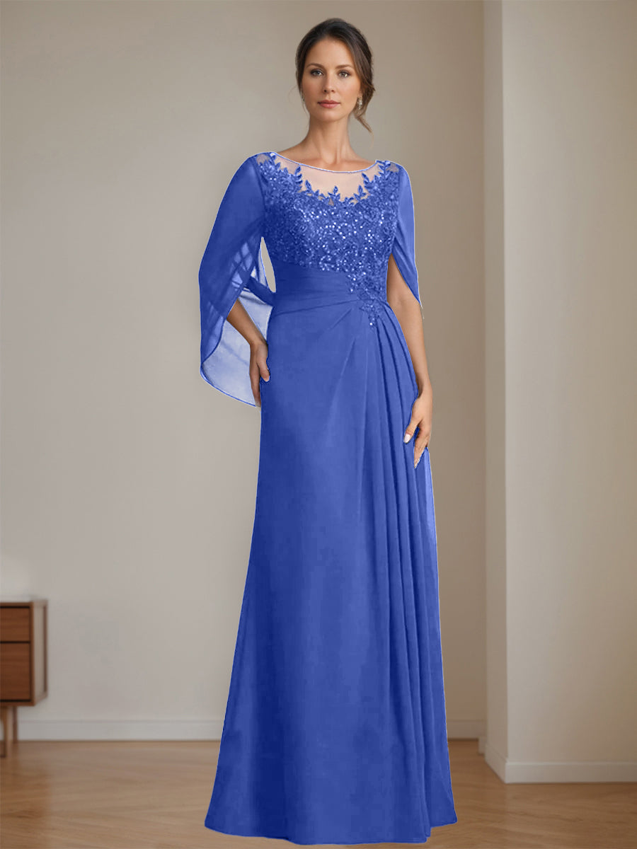 Long A Line Mother of the Bride Dresses with Scoop Neckline Pleated & Sequins