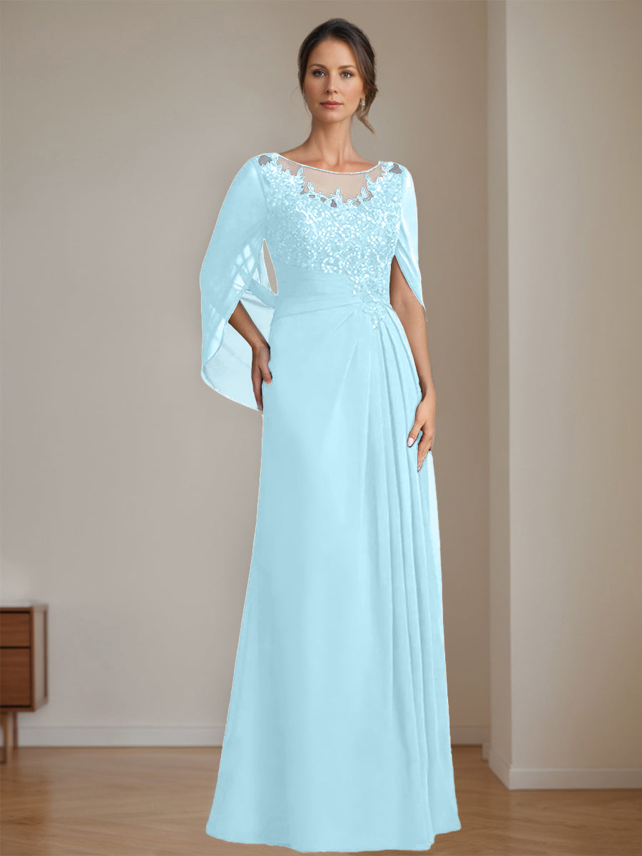 Long A Line Mother of the Bride Dresses with Scoop Neckline Pleated & Sequins