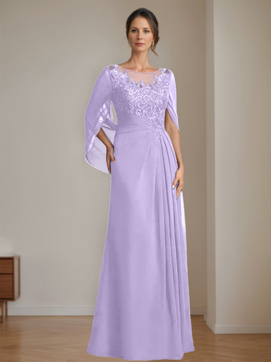 Long A Line Mother of the Bride Dresses with Scoop Neckline Pleated & Sequins