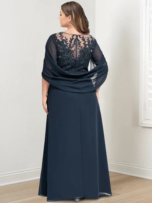 Long A Line Mother of the Bride Dresses with Scoop Neckline Pleated & Sequins