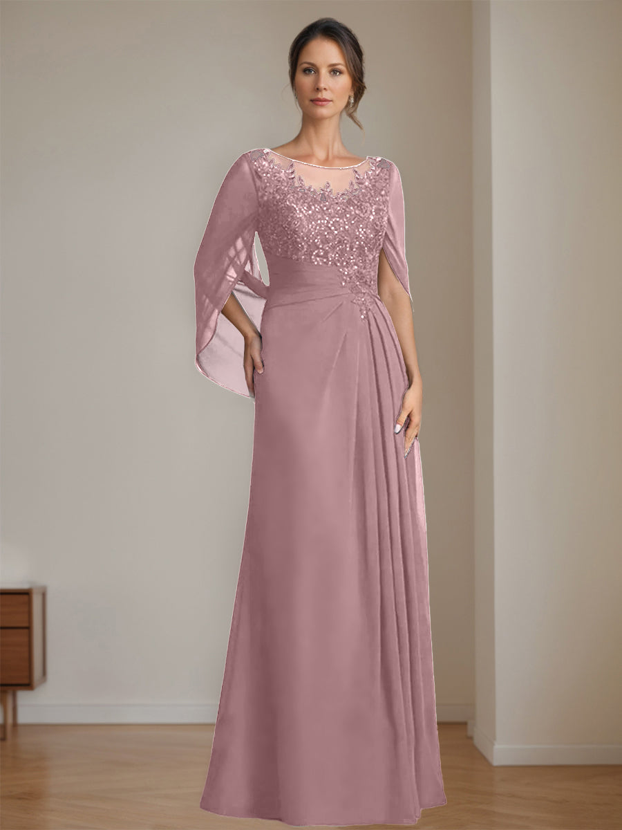 Long A Line Mother of the Bride Dresses with Scoop Neckline Pleated & Sequins