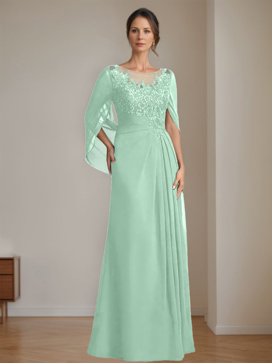 Long A Line Mother of the Bride Dresses with Scoop Neckline Pleated & Sequins